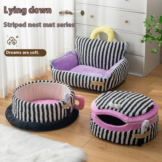 Pet Cat Kennel Striped Three-piece Pet Supplies - Pawsentialshub