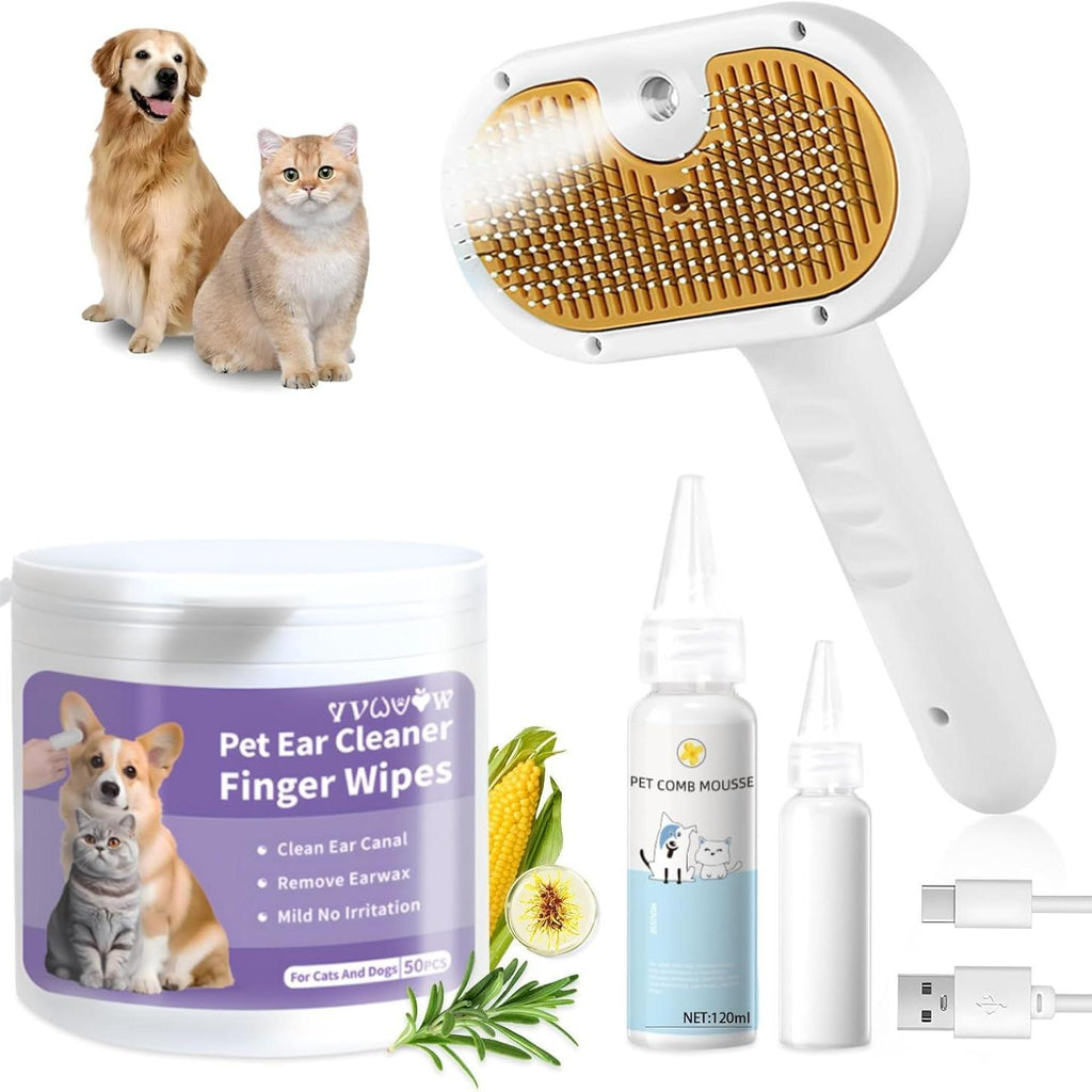 Universal Pet Steam Brush For Cats And Dogs 3-in-1 Spray Hair Removal Comb With Waterless Shampoo And Ear Towel,Tiktok, Amazon, Walmart Banned - Pawsentialshub